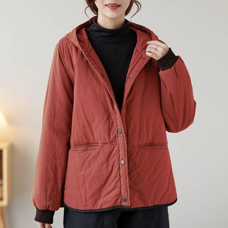 Korean Vintage Winter Coat for Women Hooded Long Sleeves Single Breasted Solid Color Outerwear Casual Johnature