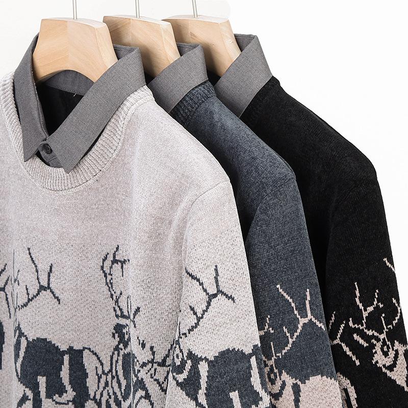 Winter Deer Jacquard Fake Two-Piece Sweater Integrated Fleece Men'S Shirt Collar Bottoming Knitted Sweater