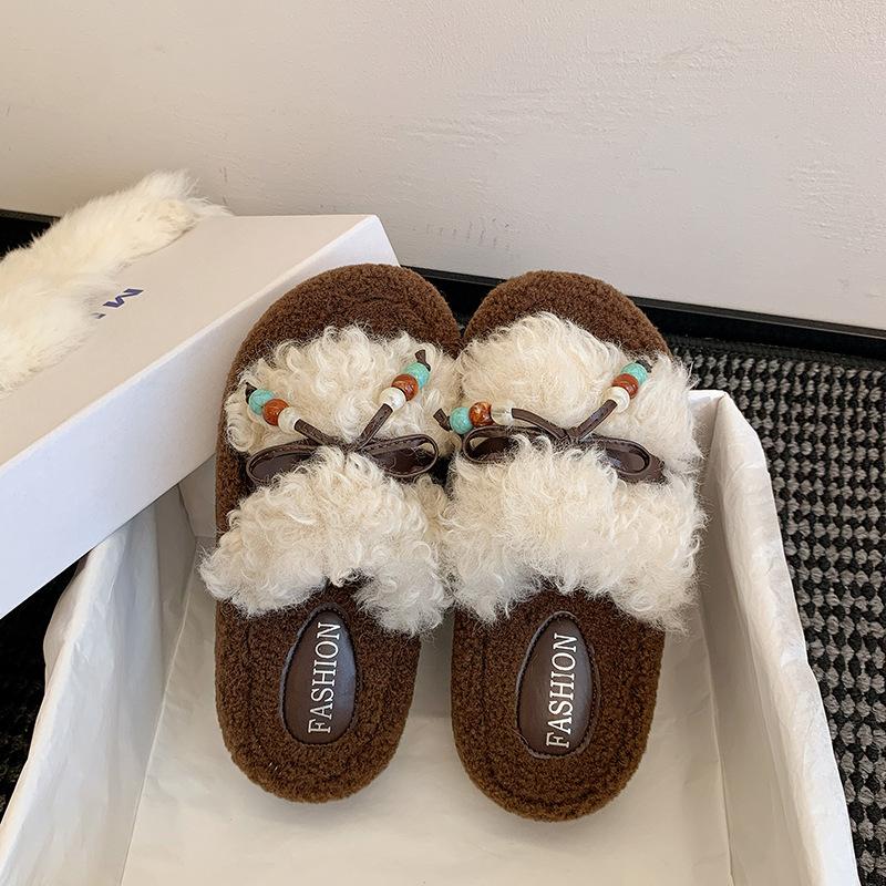 Korejské dámské pantofle s tlustou podrážkou a chlupatým svrškem pro nošení 2025 nové podzimní a zimní bavlněné pantofle s měkkou podrážkou a barevným provedením