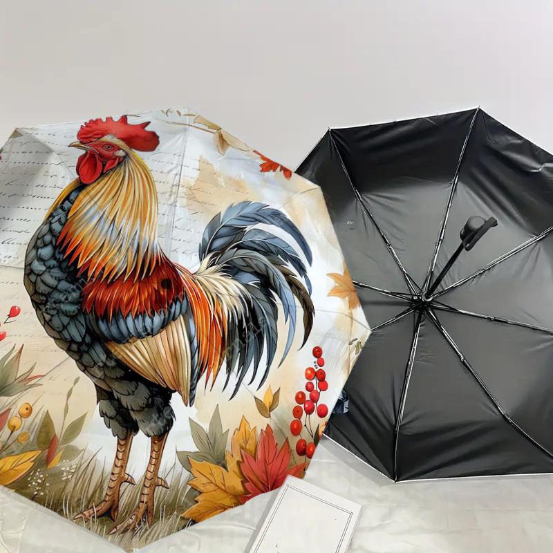 1pc Autumnal Rooster with Berries and Leaves Umbrella with Plastic Handle,Suitable for All Seasons Home Travel Outdoor UmbrellaDD1519