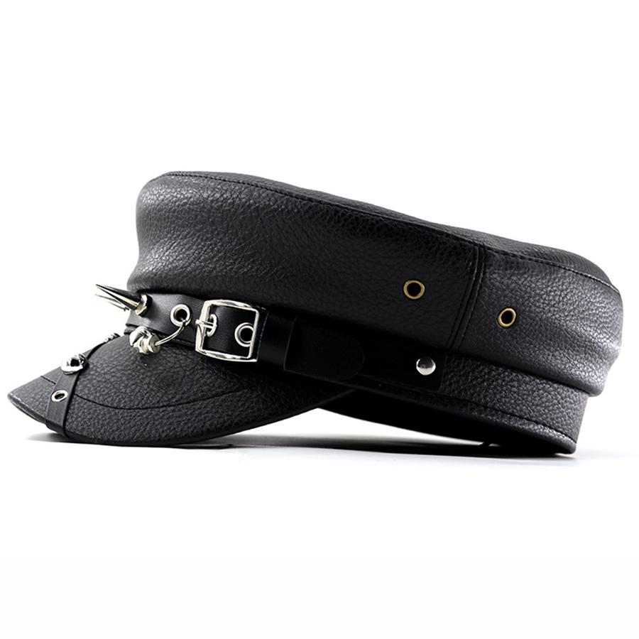 Women's punk Y2k Trendy Beret Black Pu Cool Punk Skull Spike Cap Leather Flat Top Captain Military Caps Women's Accessories