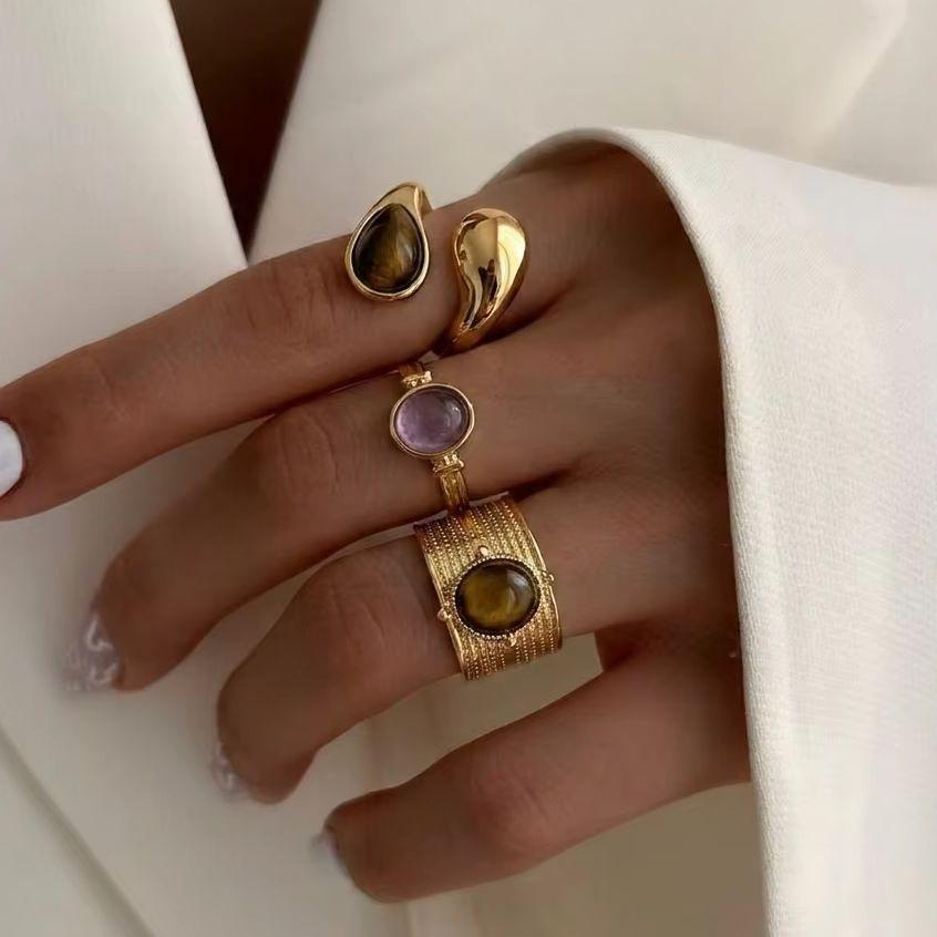 Retro Gold Color Irregular Metal Ring for Women Men Stainless Steel Natural Tiger Eye Opening Ring Aesthetic Dating Jewelry