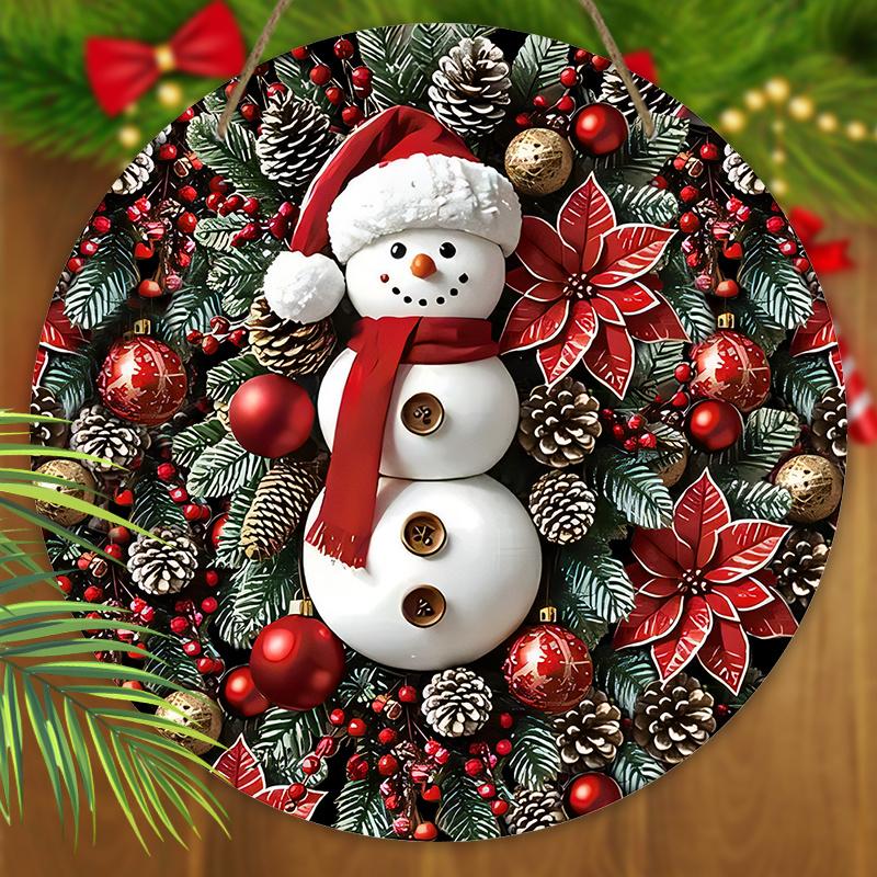 Wooden Christmas Sign with Adorable Snowman Pattern, Christmas Decorative Plaque & Sign for Front Door Wall Hanging Decor, Ideal Christmas Ornament