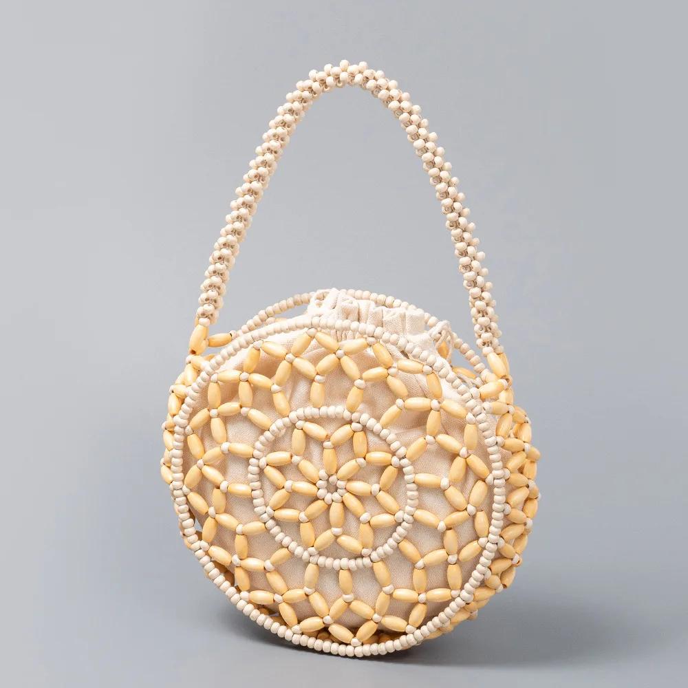 

Women Woven Hand Bag Summer Hollow-out Wooden Bead Tote Round Shape Shoulder Bag Female Reticulate Netted Canvas Beach Handbags
