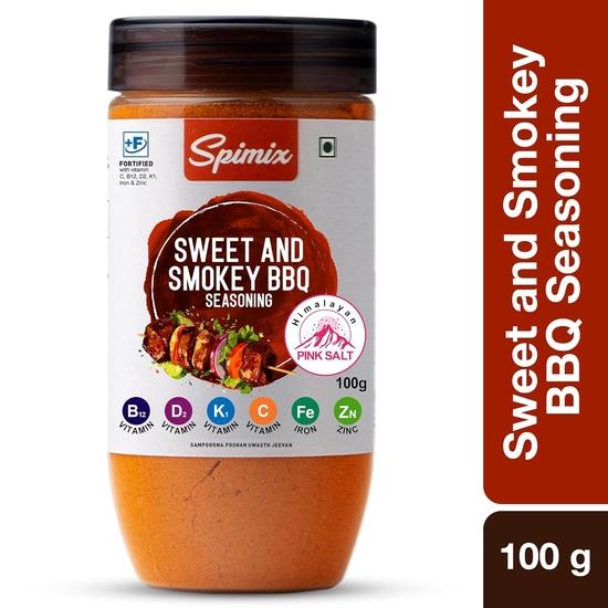 SPIMIX Солодко-димний соус BBQ | 100г | Зроблено кориснішим з вітамінами B12 та D та гімалайською рожевою сіллю | Терпкий, насичений набір спецій для грилю