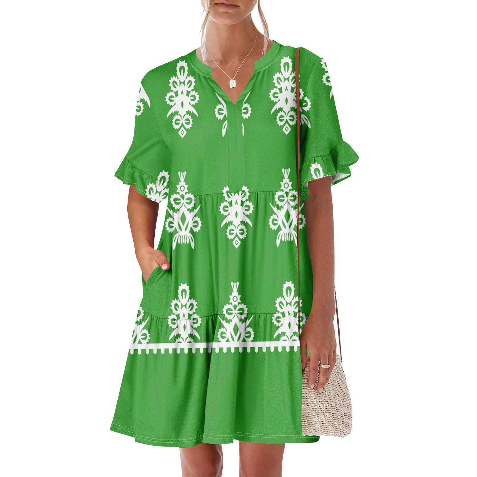

Жіноча літня сукня з коротким рукавом, V-подібним вирізом, короткі сукні, мода, повсякденний, квітковий, бохо, рюшами, трапецієподібний, свінг-сарафан з кишенями XXL зелений