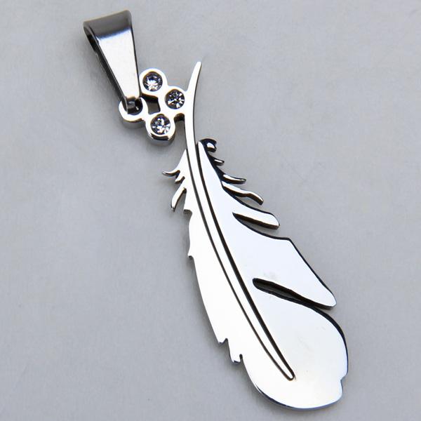 Stainless Steel Feather Necklace Charm Pendant W/ Rhinestone - Silvery