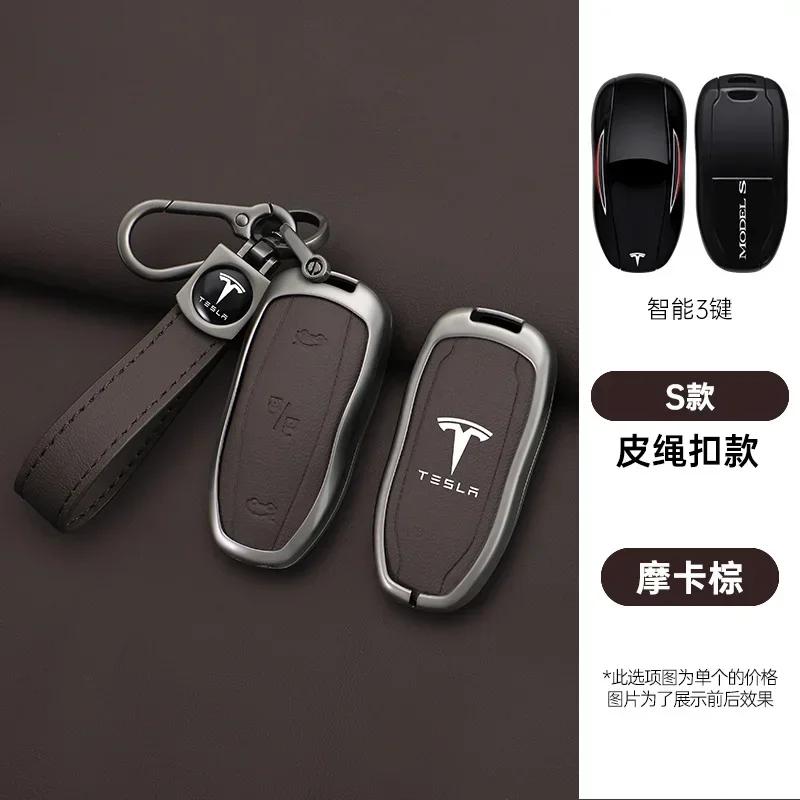 Car Sticker Tesla Zinc Alloy Leather Car Fob Smart Remote Key Case Cover Holder For Tesla Model 3 Model S Model Y Protector Keyc