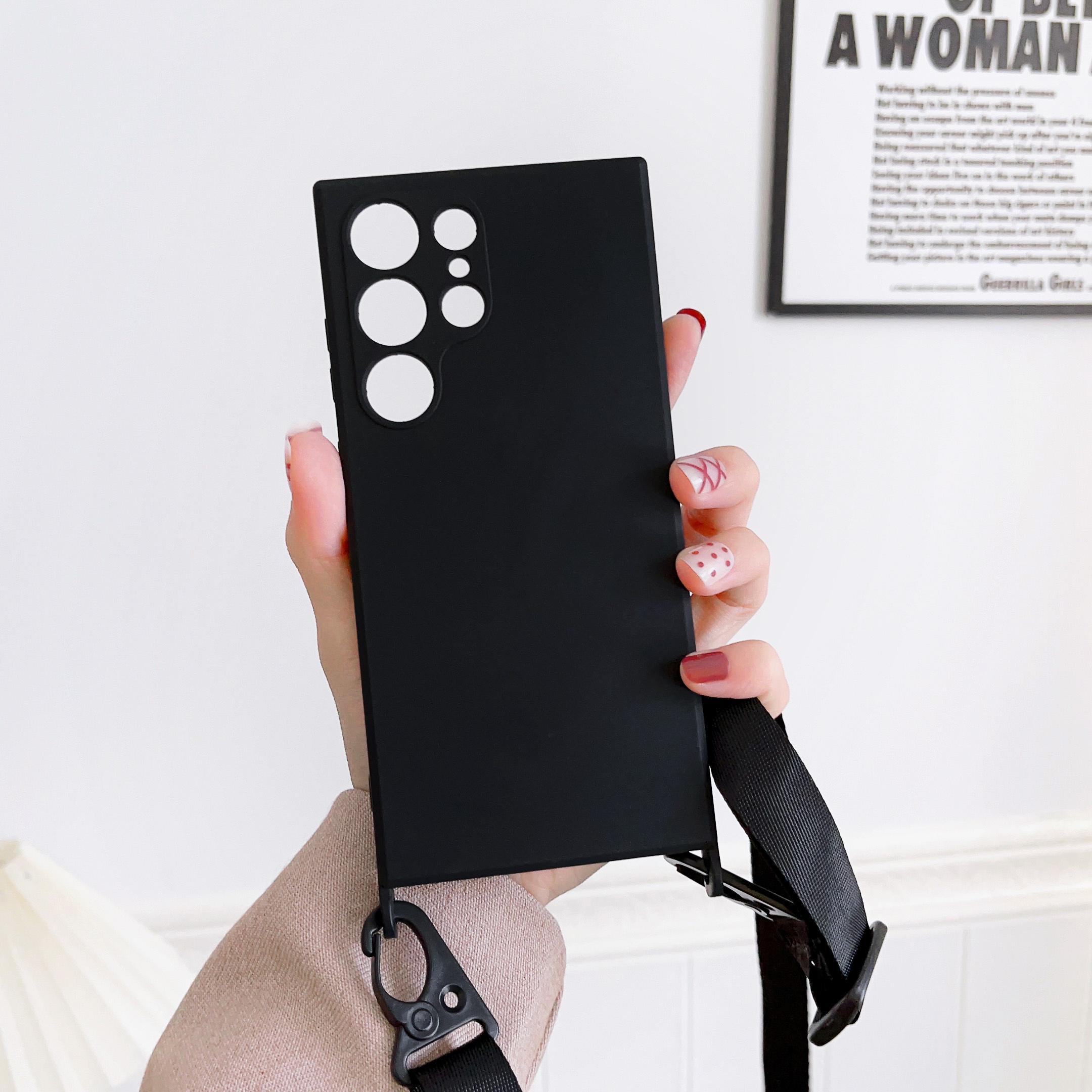 

Чехол для телефона с ремешком через плечо и ремешком для Samsung S23 S22 Ultra Plus S21 S20 FE, мягкий силиконовый чехол для iPhone 15 14 13 12 11 Samsung S23 Ultra чёрный