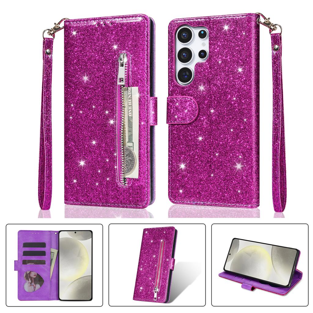Zipper Cute Glittering Wallet Cards Solt Phone Case For Samsung S26 Ultra S25 Plus S24 S23 A36 A56 Flip Strong Magnetic Cover