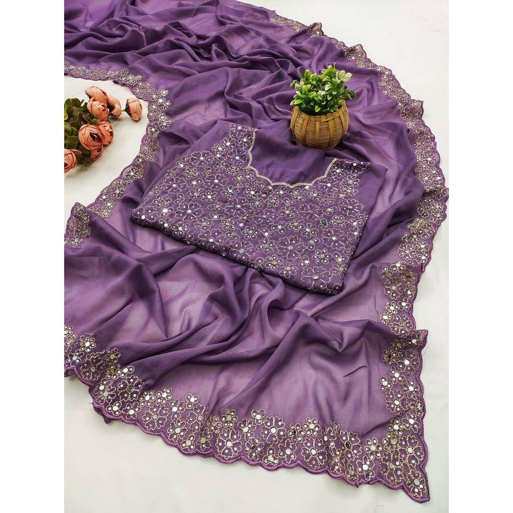 *Beautiful Party Wear Mirror Work Saree Collection Presented*