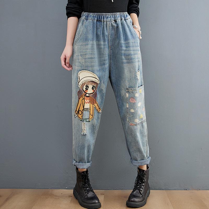 

Embroidery Denim Pants For Women Trendy Hole Casual High Waist Breeches Pockets Mom Harem Blue Jeans S синій