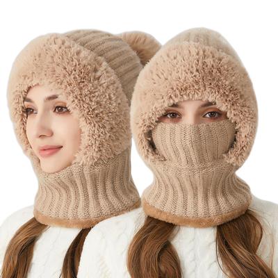 Women Winter Hat with Integrated Scarf Thick Warm Plush Lining Knitted