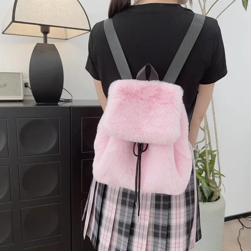 Solid Color Fake Fur Women's Backpack Fashi Large Capacity Plush Female Double Shoulder Bag Winter Girls Furry Tote Schoolbags