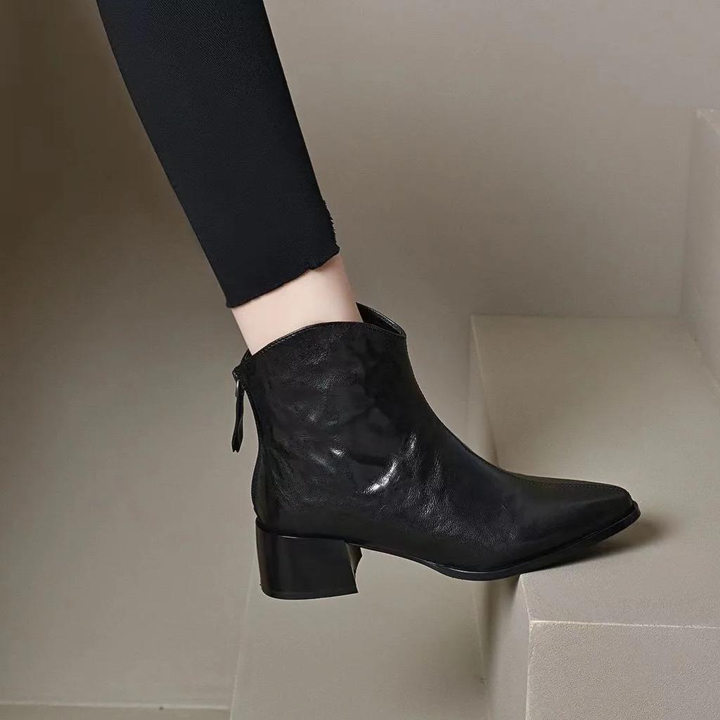 Fashion Female Short Shoes Pointed Toe Brown Fur Leather Booties Elegant with Medium Heels Women's Ankle Boots Sale Autumn Chic Boot