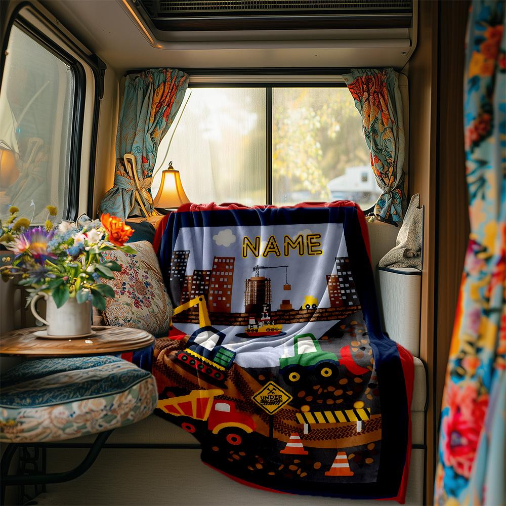 Construction Site With Trucks And Buildings Blanketcustomize Your Name Lightweight Comfortable And Stylish Blanket For Travel Bed Home Chair Office