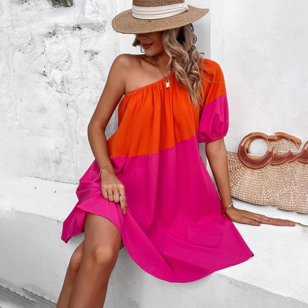 Spring Summer Women Seaside Vacation Loose Short Single Sleeve Dresses High Waist Color Block Slanted Shoulder Mid Length Dress S-XL