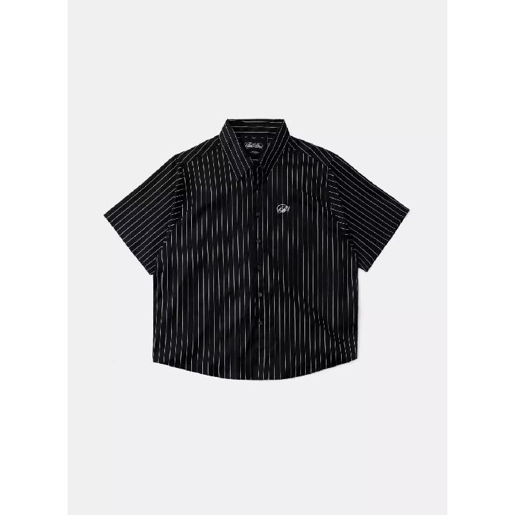 Retro Turn-down Collar Striped Short Sleeve Shirt for Men, Loose Fit, Embroidered, Spring/Summer Top Jacket S чёрный