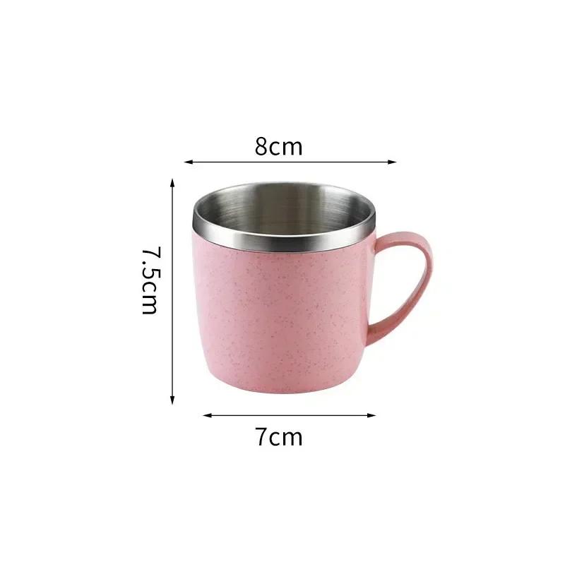 

Stainless Steel Cups with Handle, Double Layer Anti-scalding Wheat Straw Small Water Cup, Office Coffee Milk Tea Drink Mugs 101-200ml рожевий