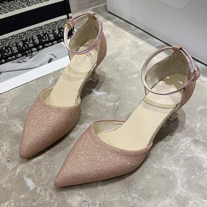 Fashion Women's Shoes, Summer Rhinestones, Closed Toe, Hollow Buckle, Stiletto High Heels, Sandals Large Size Pointed Toe 33-43