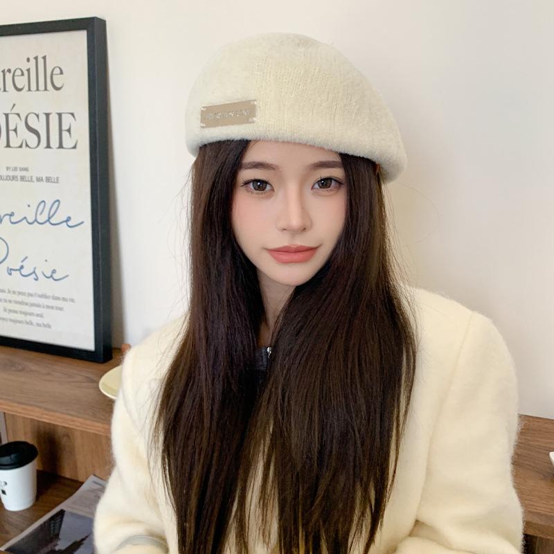 Autumn and Winter Warm Rabbit Fur Hat Female Reverse Wearing Beret Retro Versatile Dual-purpose Forward Hat Solid Color Painter Hat