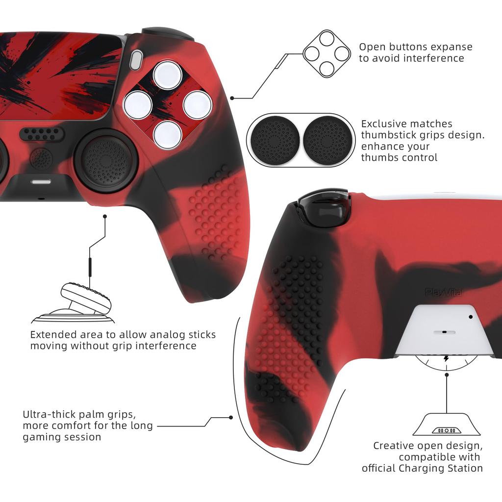 Protective Cover for PlayVital Ps5 Improved Silicone Cover Compatible with Charging 12 Thumb Grip Caps and 4 Stickers 3D Stud and Shockproof