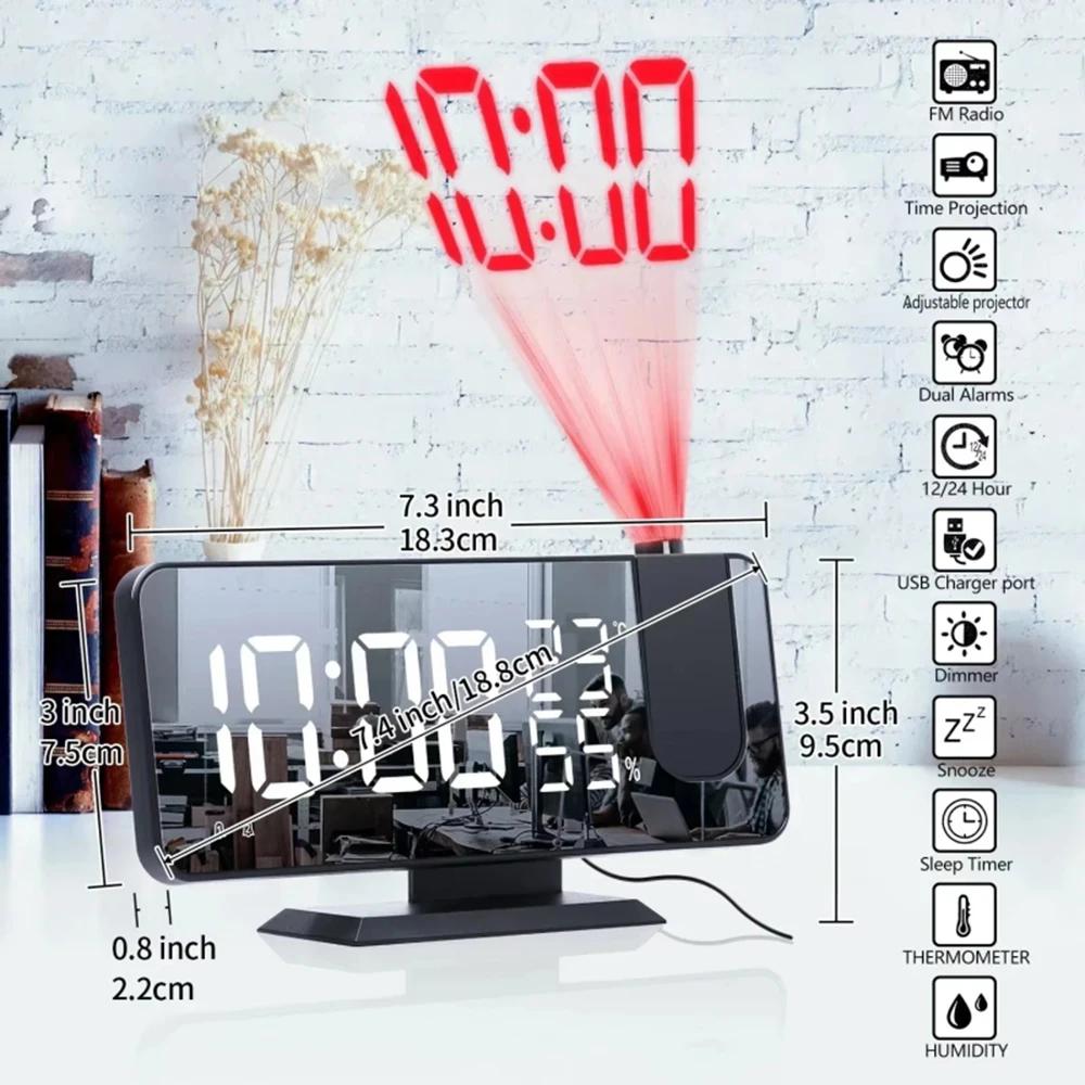 Radio LED Digital Smart Alarm Clock USB Powered Desktop Wake Up Clock with 180 Degree Time Projector Display for Home Bedroom