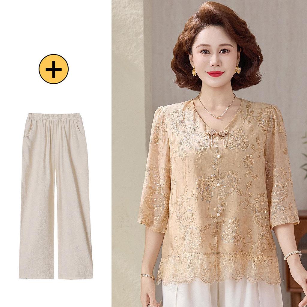 New Summer Chiffon Blouse Set for Middle-Aged and Elderly Women – Perfect Mother's Day Gift