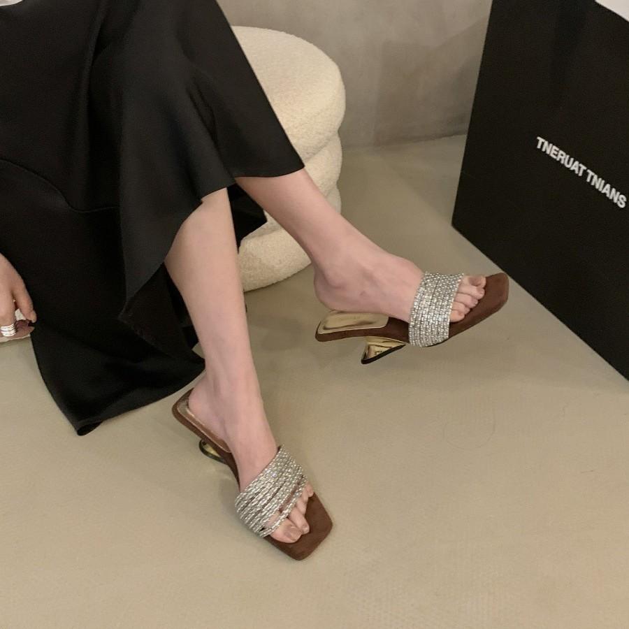 Fairy Rhinestone Slippers 2025 Summer French Square Toe Open Toe Fashion Wedge Slippers Women's High Heel Sandals