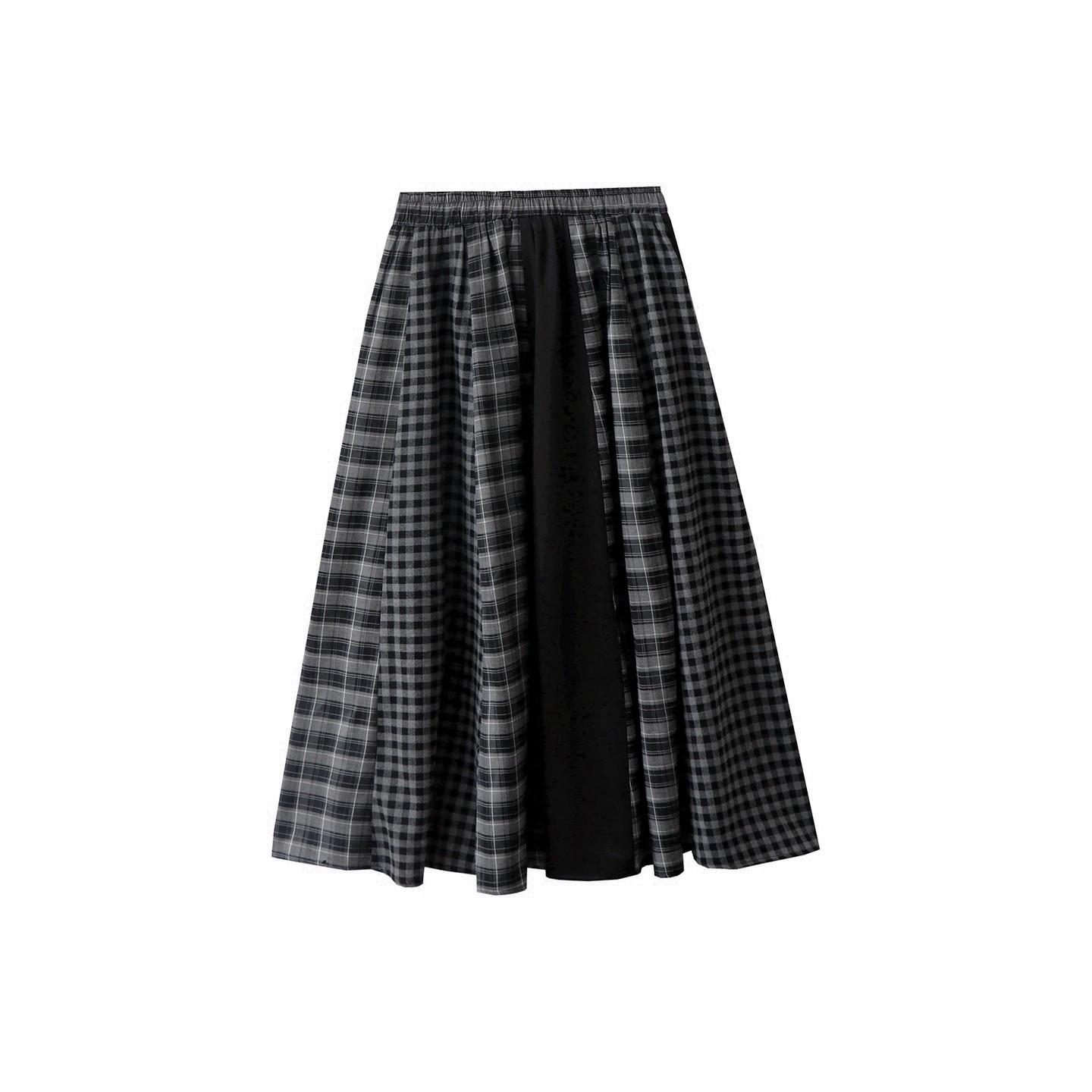 2025 Autumn Artistic Retro Plaid Patchwork Elastic Waist Long Skirt One Size