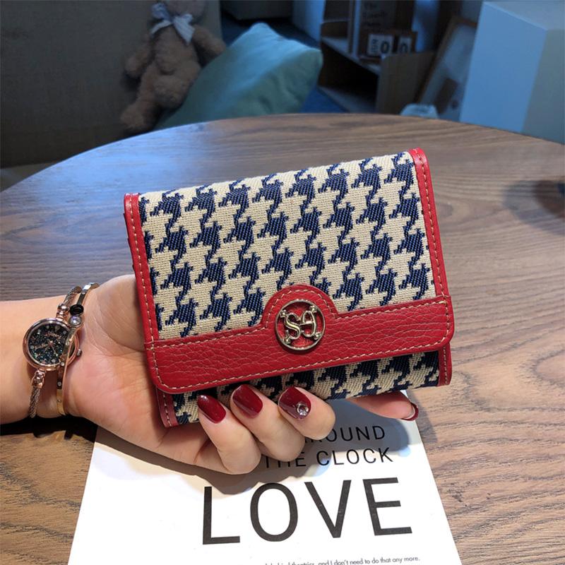 2025 Markendesign Kurze Geldbörse Hahnentrittstickerei Damen Münzfach Echtes Leder Dreifach-Brieftasche Rindsleder Kartenhalter