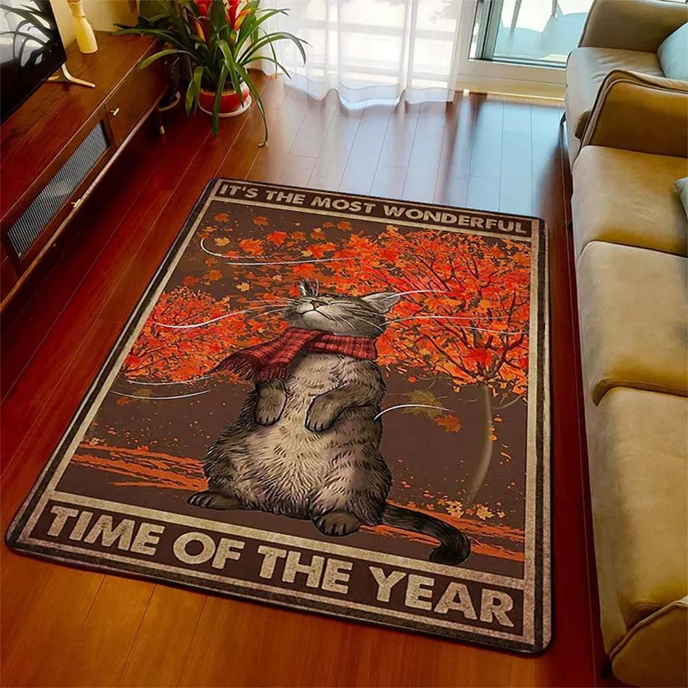 Schwarze Katze Retro Bereichsteppich Teppich Wohnzimmer Heimdeko Sofa Teppich Rutschfest Stuhlkissen Lounge Matte Halloween Hexen Dekoration