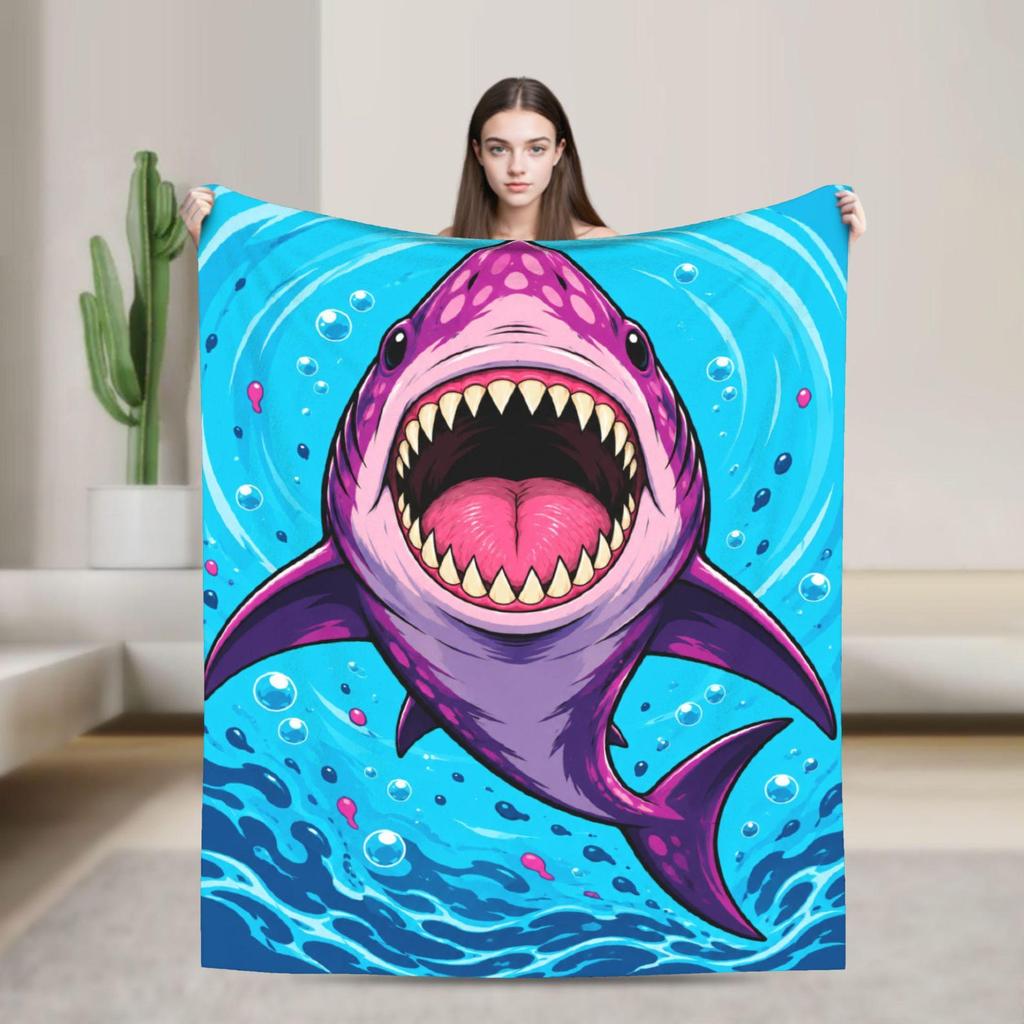 Purple Cartoon Shark Fleece Blanket, Ocean Theme Room Decor, Snuggle Gift for Kids