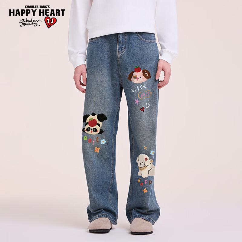 Charles Peach Heart Retro Blue Wide-Leg Cartoon Print Jeans M