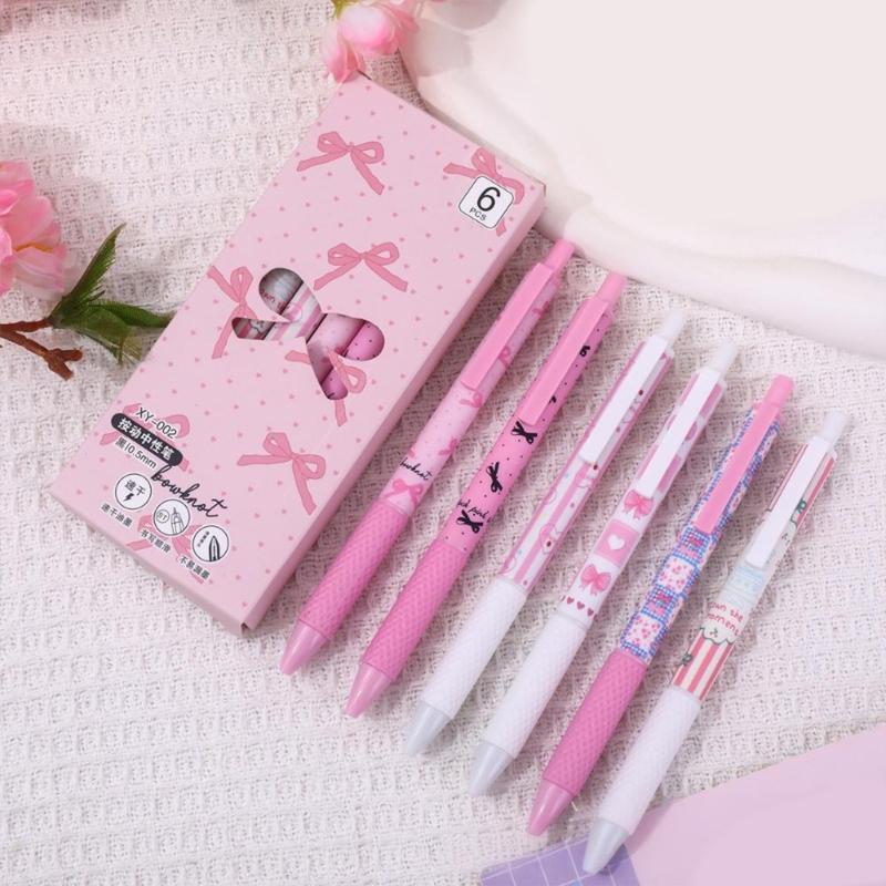 6pcs Luminou Study Pen Featuring Ergonomic Grip and Decorative Ribbon Trim