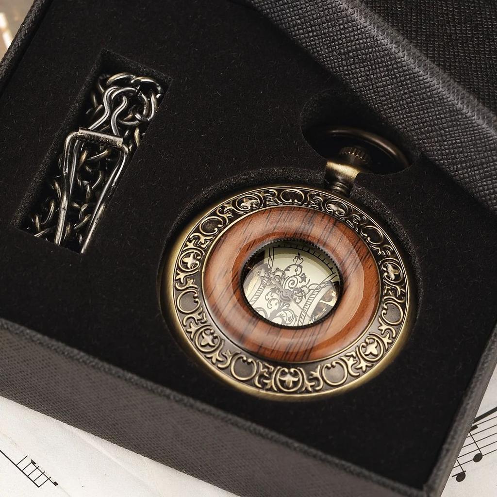 Vintage luxury wooden ring skeleton pocket watch flip Roman numeral manual winding mechanical pocket watch reloj de bolsillo
