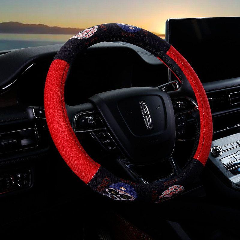 Car Steering Wheel Cover D-Shaped Handlebar Cover Summer Breathable Non-Slip Sweat-Absorbent Linen All-Season Universal Cartoon Cute for Women
