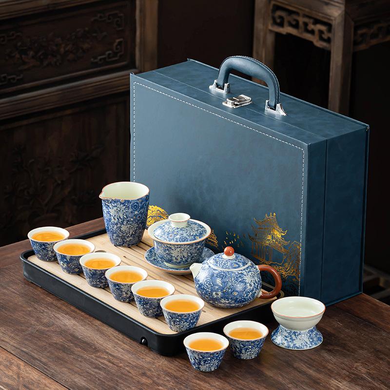 Tea set household ceramic retro set Guochao flower glaze color light luxury tea set activity gifts can be customized
