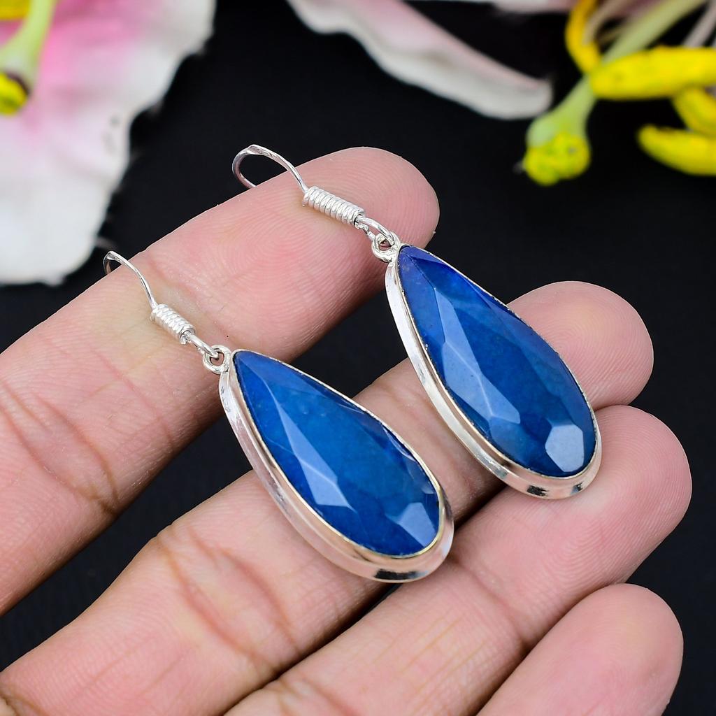 Blue Jade Gemstone Handmade 925 Sterling Silver Jewelry Earring 2.36" KG-434
