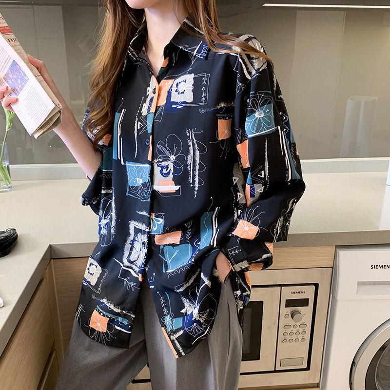 Retro Hong Kong-style printed shirt women's 1116 autumn new design sense niche loose long-sleeved casual foreign-style shirt