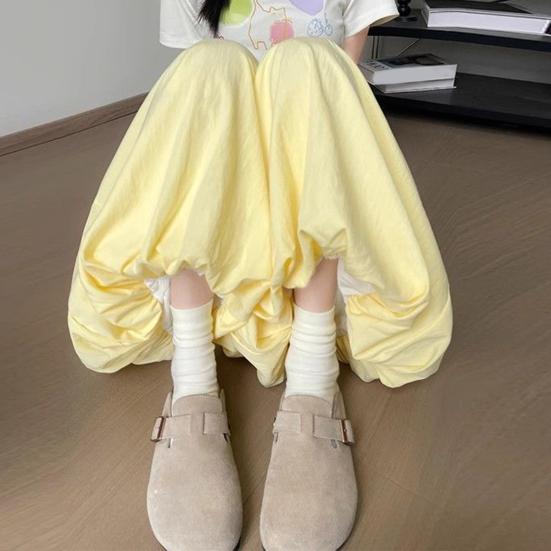 Women Pants Elastic Waistband Adjustable Drawstring Wide Leg Bud Skirt Pants with Pockets Pure Color Loose Fit Summer Pants Daily Wear