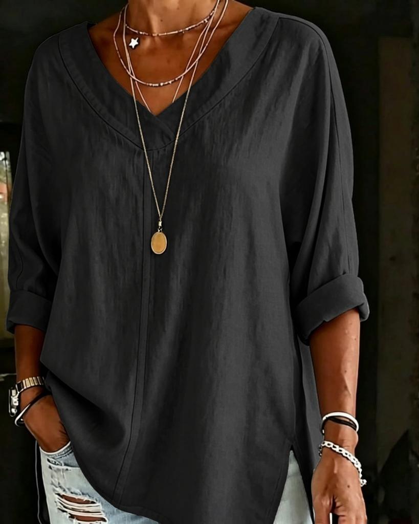 2026 Amazon European and American Cross-border Women's Clothing Street Fashion Solid Color V-neck Loose Top Long Sleeve Cotton and Linen Shirt
