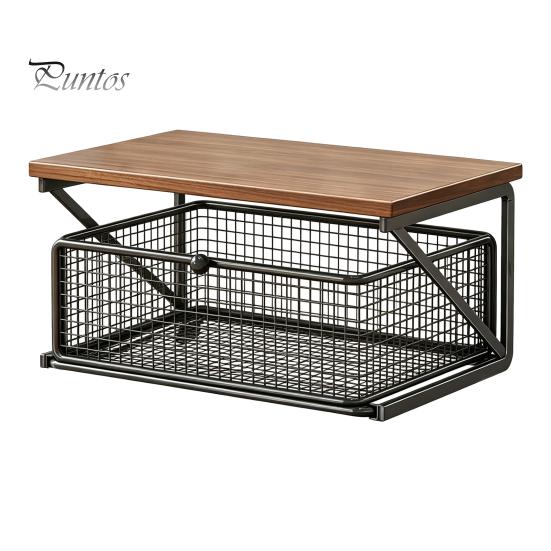 Coffee Pods Holder Station Organizer with Drawer, Tiered Bar Organizer, Wooden Top Shelf, Countertop Storage Rack Wire Mesh Drawers for Tea