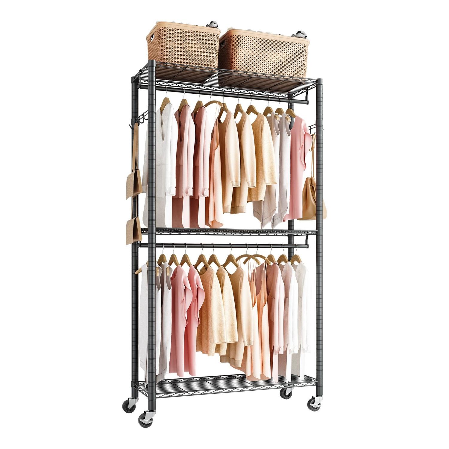 Rollender Kleiderständer, Robuster Kleiderständer, 3 verstellbare Etagen Kleiderständer aus Karbonstahl, 204 kg Tragfähigkeit Schrank Garderobe für