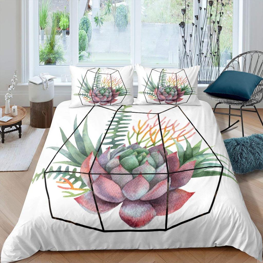 Succulents Duvet Cover Set Green Plant Tropical Botanical Bedding Set Watercolor Painting Stylish Nature Theme Twin Quilt Cover