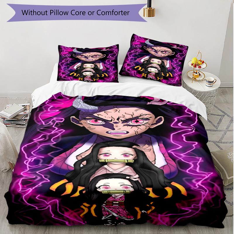 Set cuvertură de pilota 3 buc (1 * Husă de pilota + 2 * Față de pernă, Fără Miez), Set de așternut moale cu imprimeu Demon Slayer, pentru toate anotimpurile, Decor pentru dormitorul de acasă, Cadou