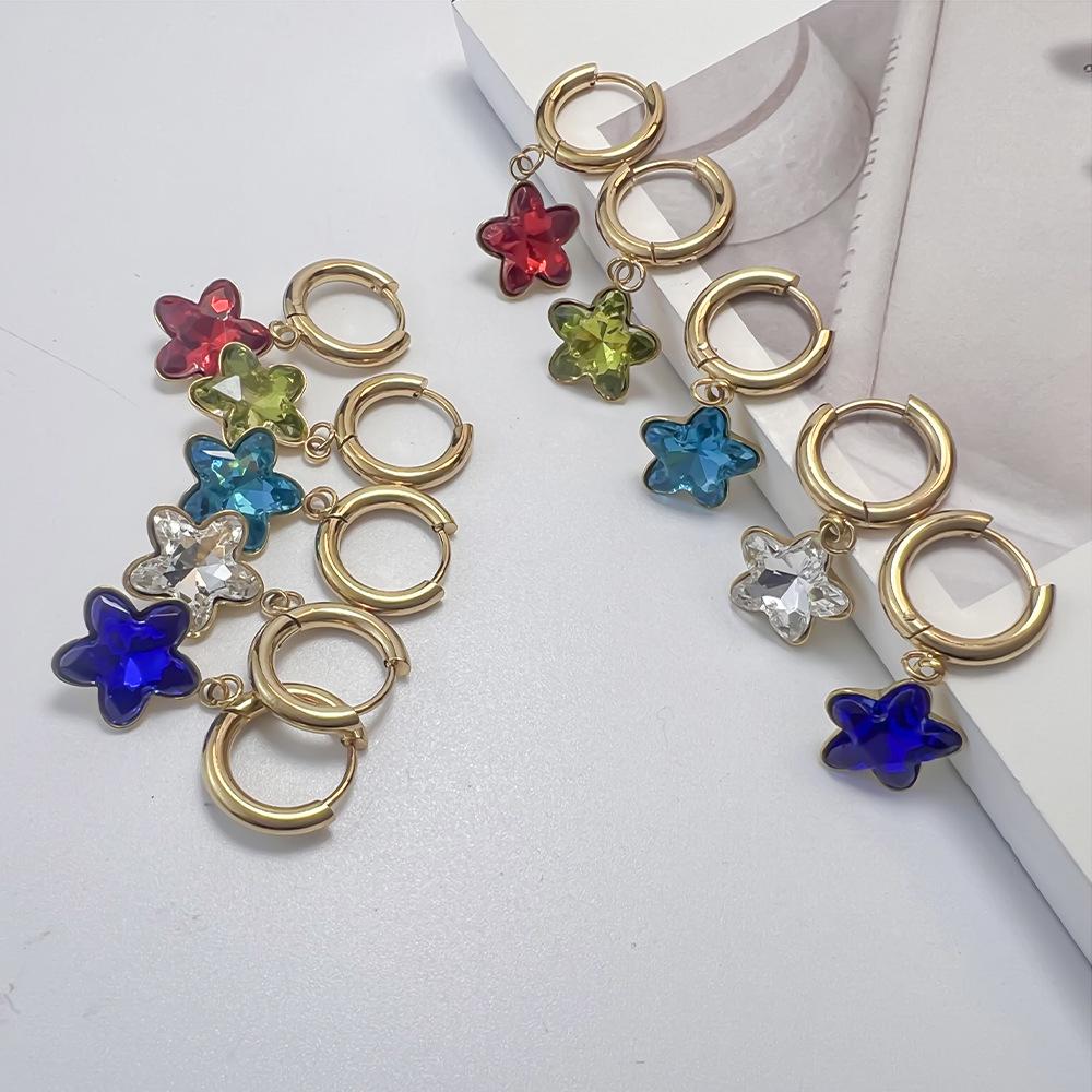Colorful Glass Diamond Star Earrings: 18K Gold-Plated Stainless Steel, European & American Style