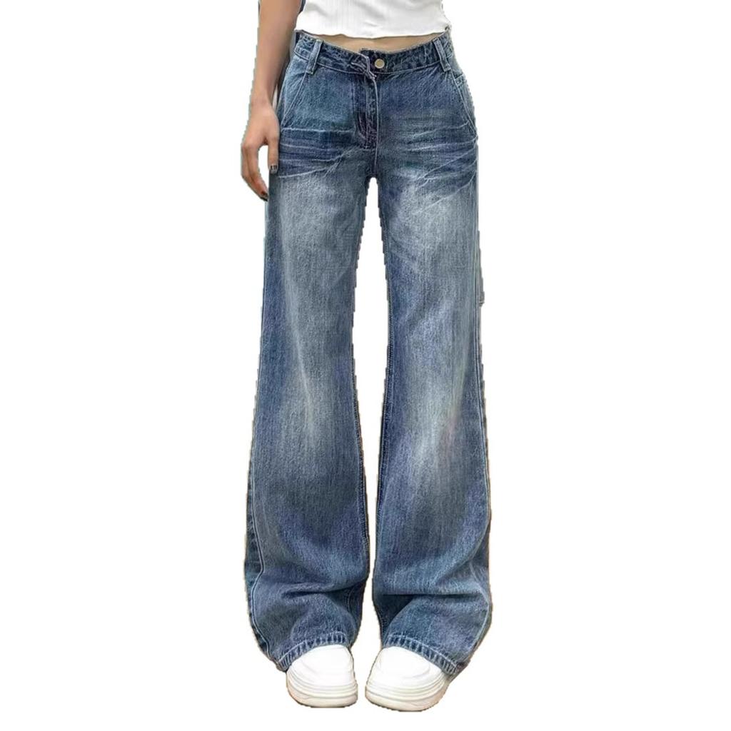Large Size Micro Flare Washed Cracked Jeans Female Mid-waist Wide Leg Loose Design Sense Trailing Straight Trousers Jeans for Women Long Denim Pants