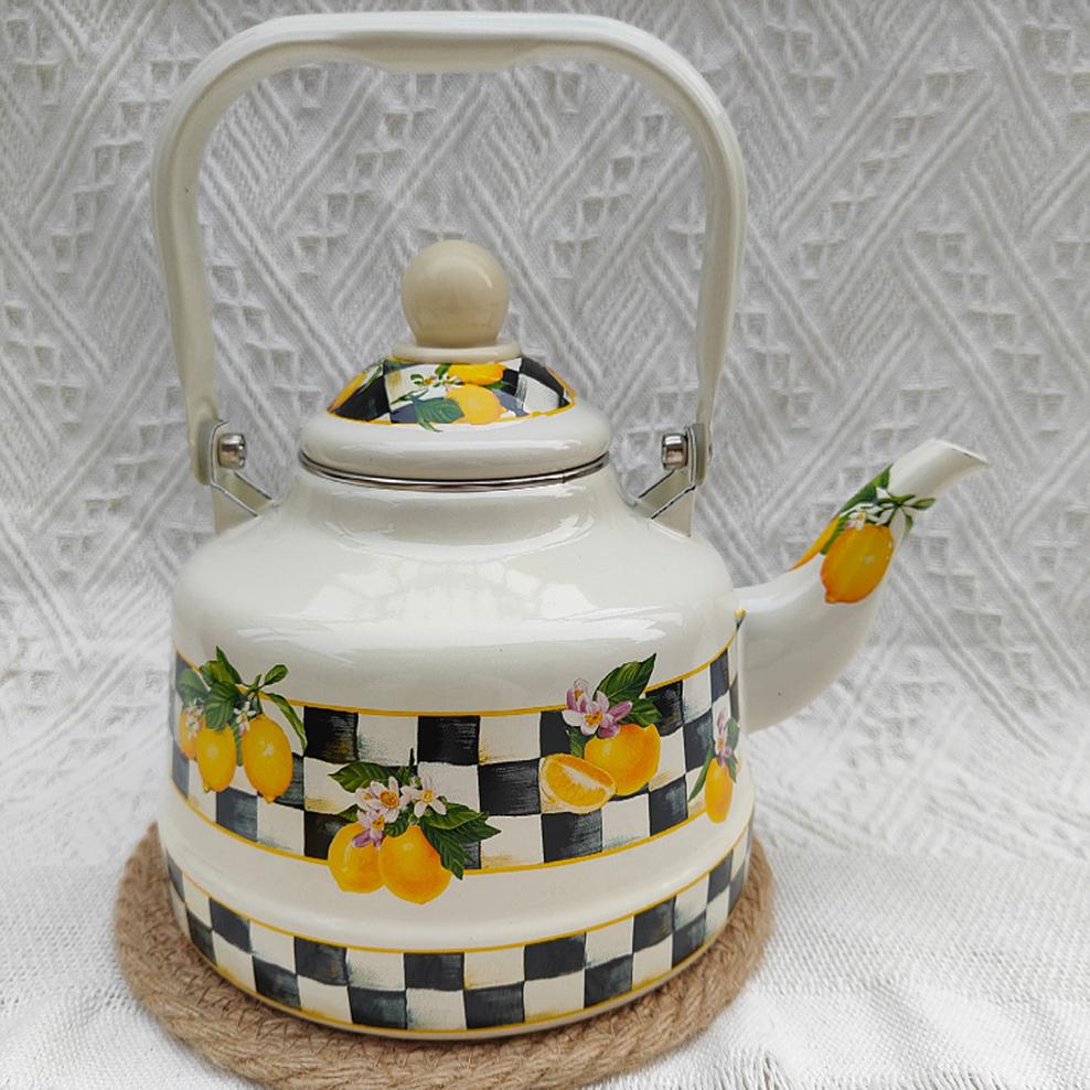1.7L enamel ancient bell pot European and American style Lemon flower tea kettle Home camping kettle Thickened enamel teapot