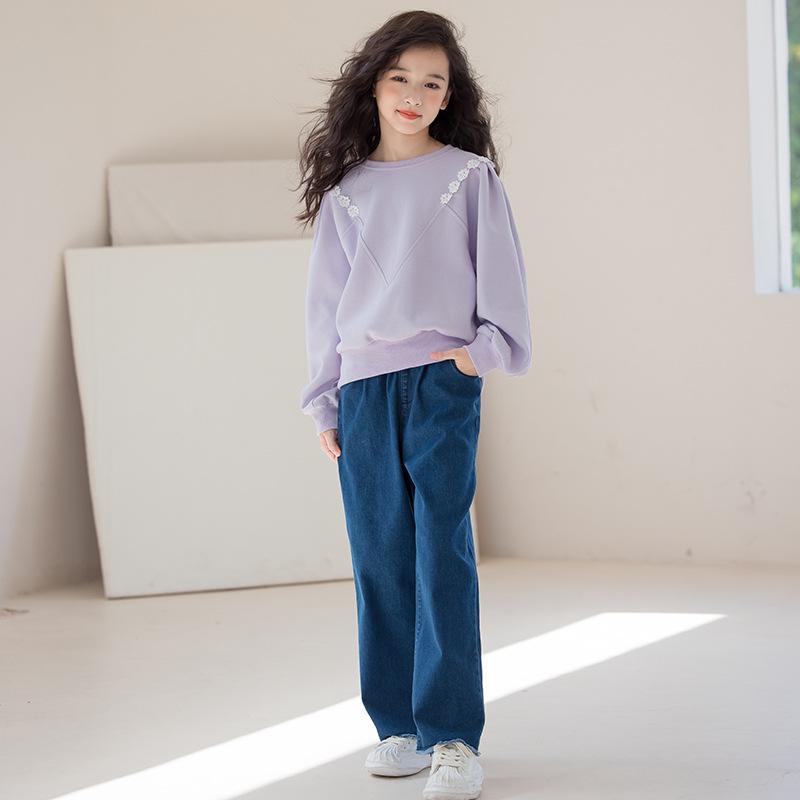 Höst 2025 Flickors Denimset: Sweatshirt & Byxor med vida ben för åldrarna 9-12